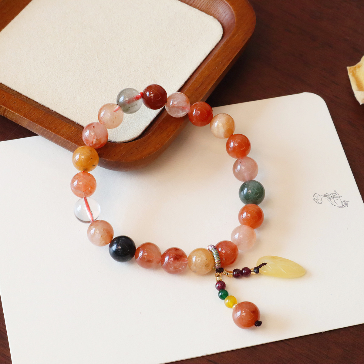 Five Blessings and Treasures Natural Crystal Bracelet Beeswax Leaf Fortune, Longevity and Happiness Crystal