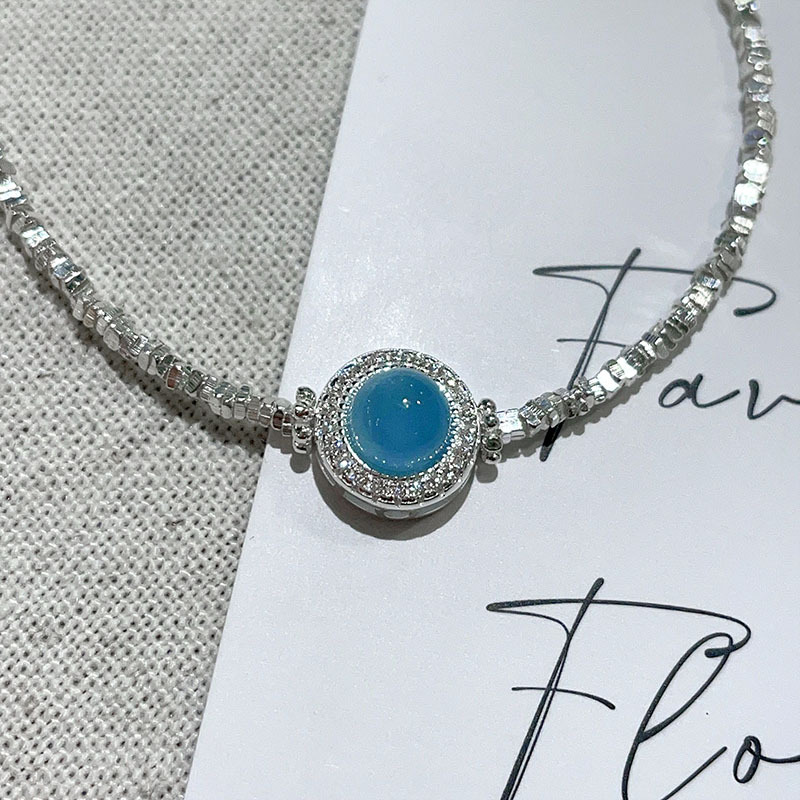 Pure silver natural aquamarine inlaid diamond broken silver bracelet girls dream blue round bracelet light luxury style hand jewelry