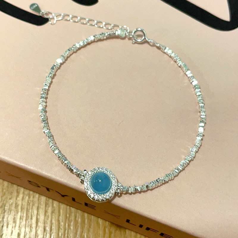 Pure silver natural aquamarine inlaid diamond broken silver bracelet girls dream blue round bracelet light luxury style hand jewelry