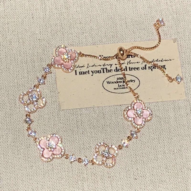 Micro-inlaid zircon pink flower rose gold bracelet niche temperament sweet versatile pull-out hand jewelry