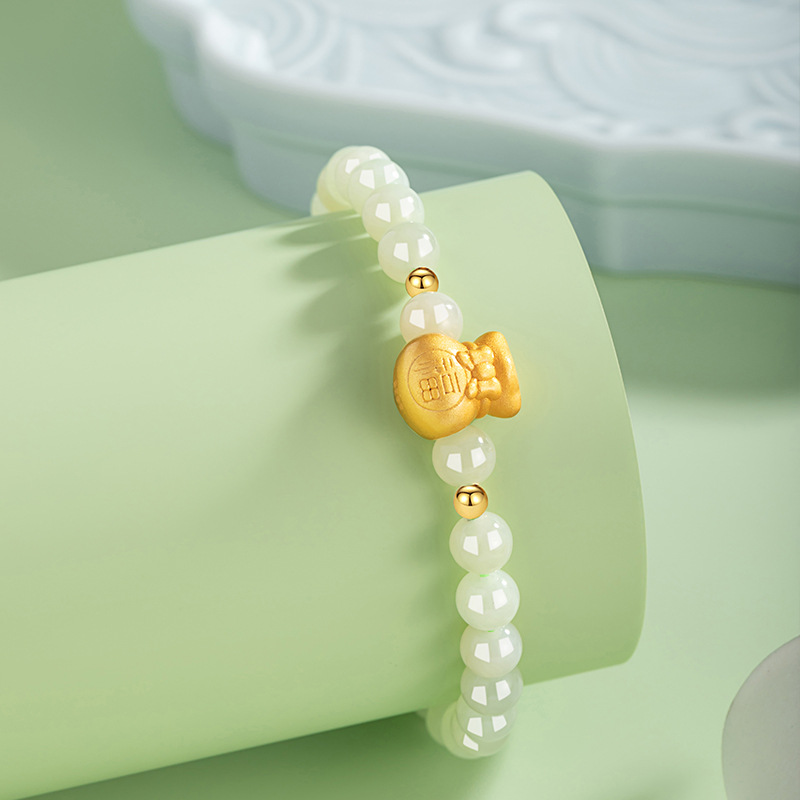 Hetian jade bracelet for women, new Chinese style national trend bowknot bracelet ins blessing character transfer bead bracelet