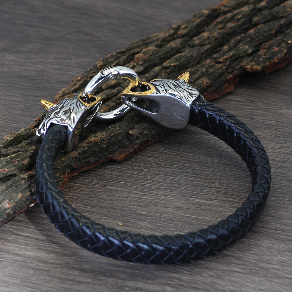 Wolf Head Leather Bracelet Stainless Steel Viking Pendant Jewelry