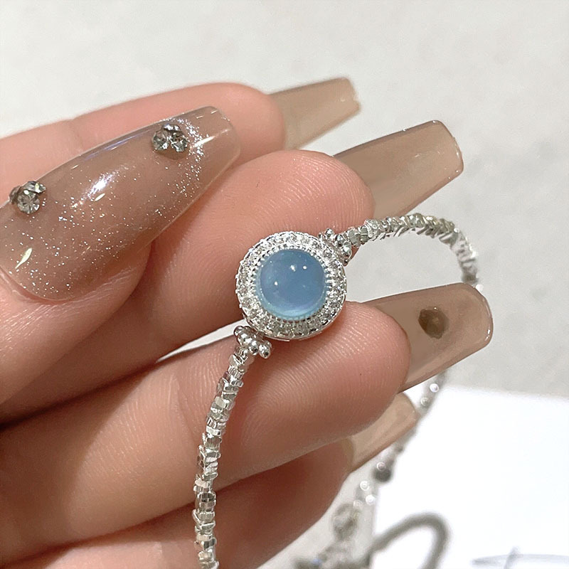 Pure silver natural aquamarine inlaid diamond broken silver bracelet girls dream blue round bracelet light luxury style hand jewelry