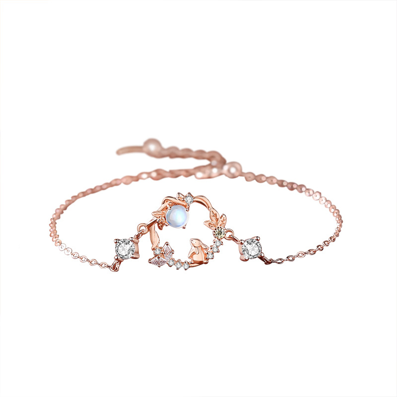 Rabbit Bracelet for Women Forest Flower Moonstone Bracelet National Trend Ancient Style New Chinese Style Jewelry Design Sterling Silver