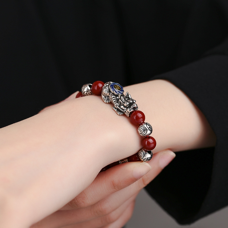 Vintage enamel blue rouge pixiu southern red cinnabar men and women bracelet string