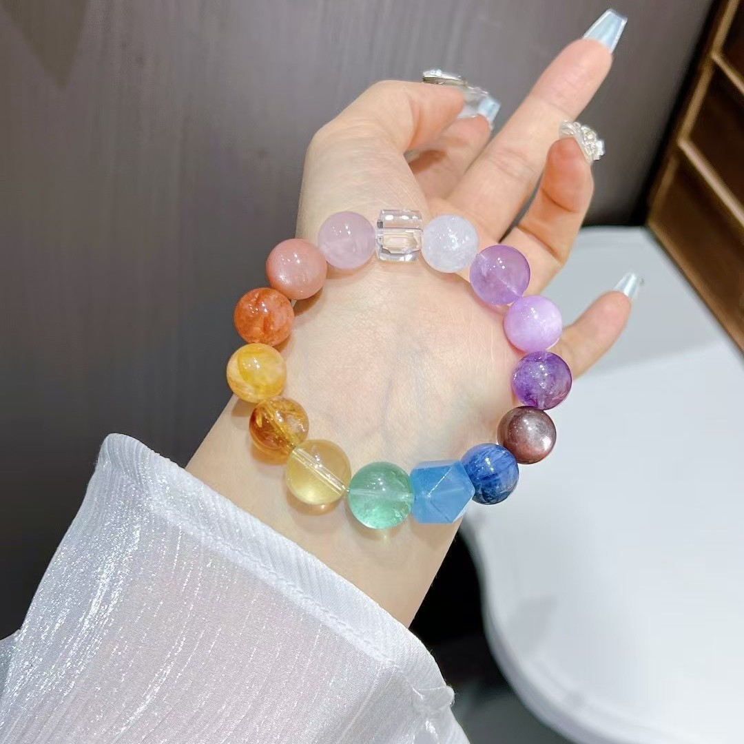 Natural multi-treasure crystal bracelet original design single circle large amethyst aquamarine pink crystal white crystal green ghost