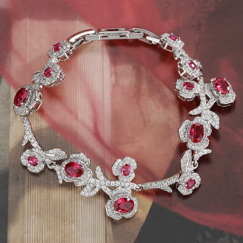 Red corundum zircon inlaid women's bracelet retro personality fashion rose camellia