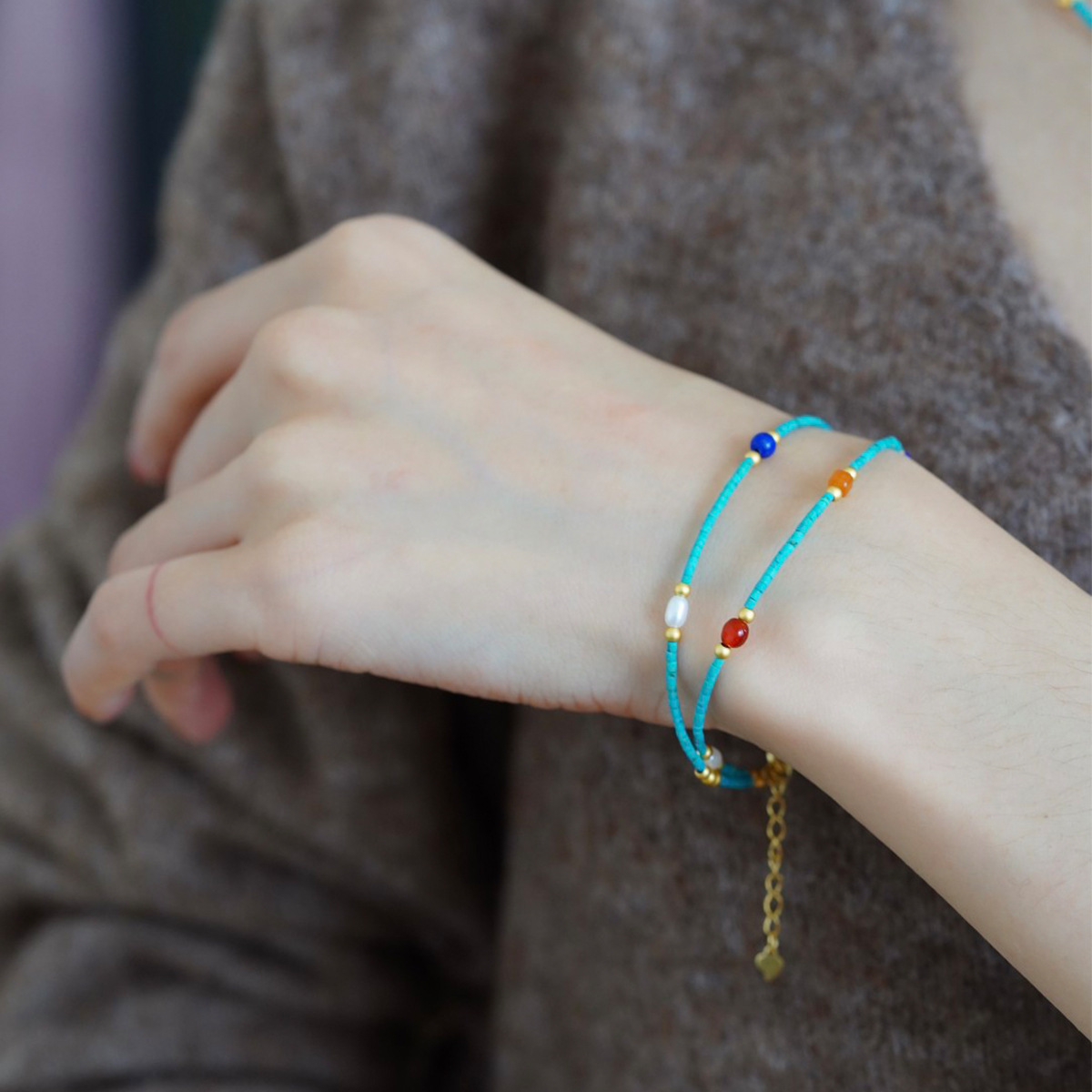 New Chinese retro turquoise natural pearl beads all-match high-end light luxury double-layer bracelet
