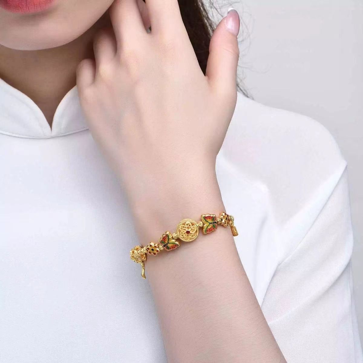 Chinese style electroplating ancient method Fu Man family filigree enamel butterfly gold bracelet