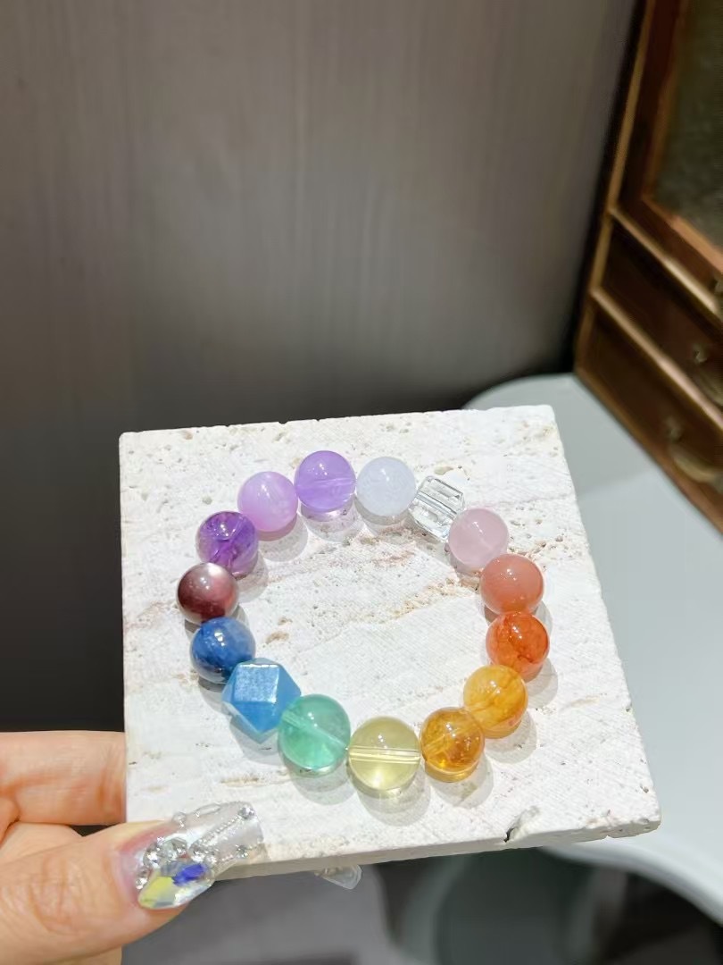 Natural multi-treasure crystal bracelet original design single circle large amethyst aquamarine pink crystal white crystal green ghost