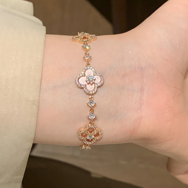 Micro-inlaid zircon pink flower rose gold bracelet niche temperament sweet versatile pull-out hand jewelry