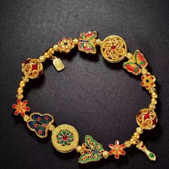 Chinese style electroplating ancient method Fu Man family filigree enamel butterfly gold bracelet