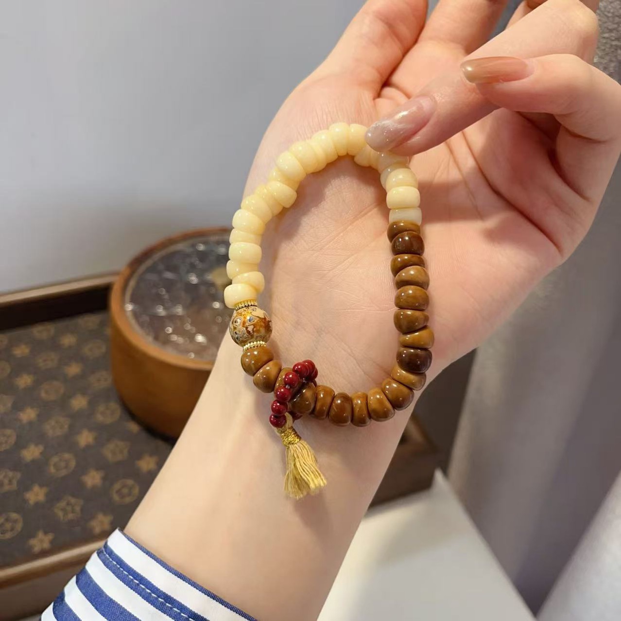 Ox bone bracelet barrel beads Buddhist beads patina bone string