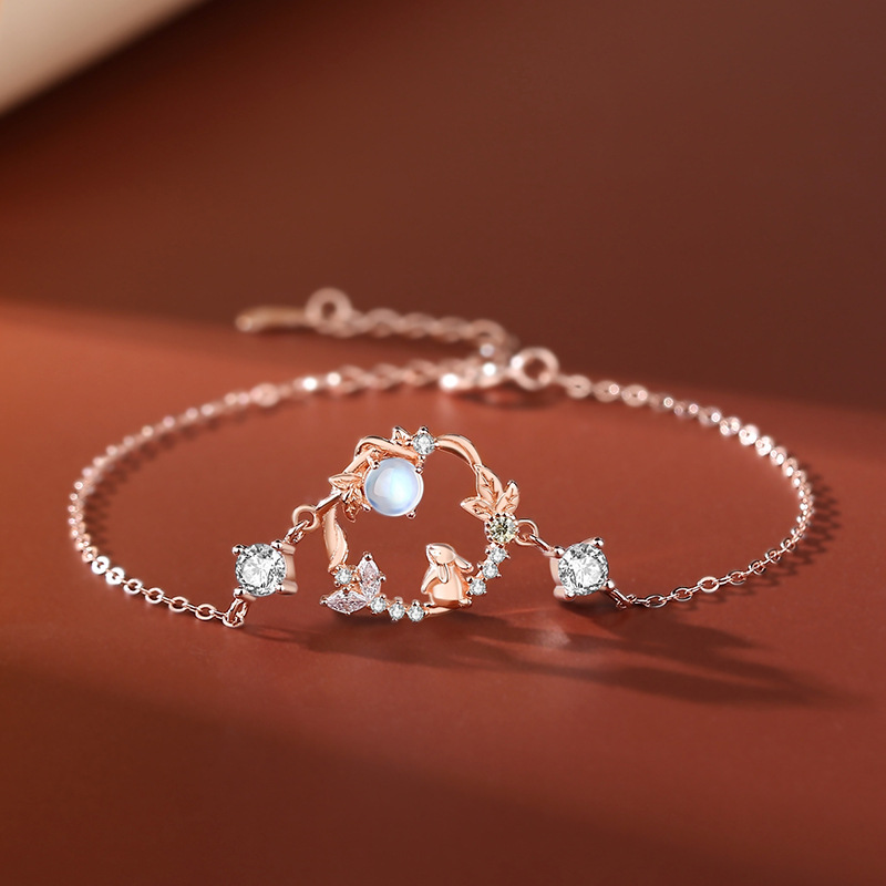 Rabbit Bracelet for Women Forest Flower Moonstone Bracelet National Trend Ancient Style New Chinese Style Jewelry Design Sterling Silver