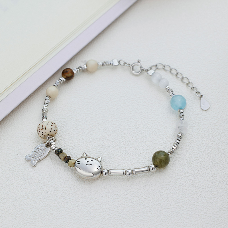 Sterling silver bracelet for women, niche design, fresh, sweet, cute, childlike, personalized beaded fish, broken silver bracelet