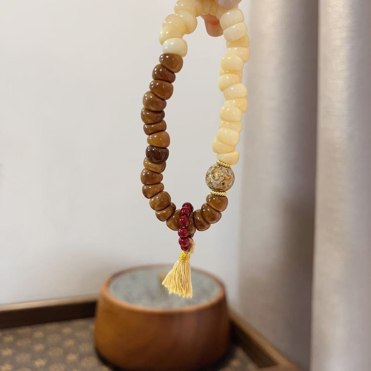Ox bone bracelet barrel beads Buddhist beads patina bone string