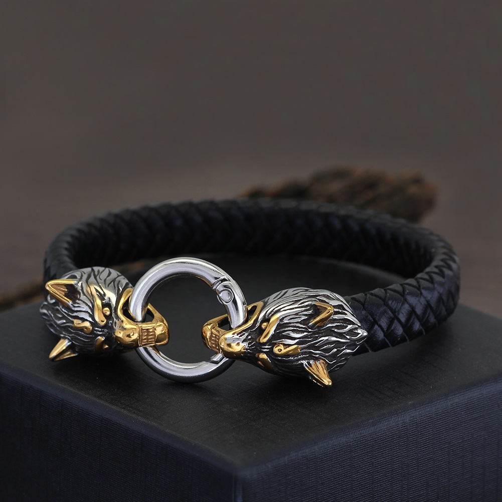 Wolf Head Leather Bracelet Stainless Steel Viking Pendant Jewelry