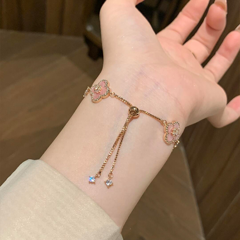 Micro-inlaid zircon pink flower rose gold bracelet niche temperament sweet versatile pull-out hand jewelry