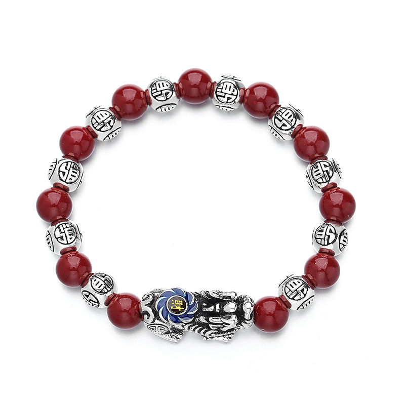 Vintage enamel blue rouge pixiu southern red cinnabar men and women bracelet string