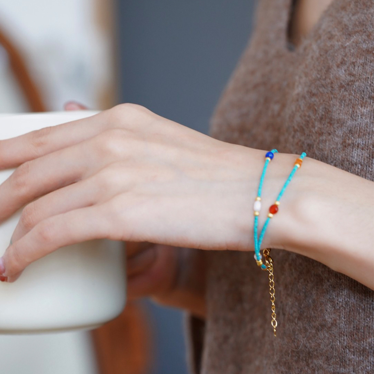 New Chinese retro turquoise natural pearl beads all-match high-end light luxury double-layer bracelet