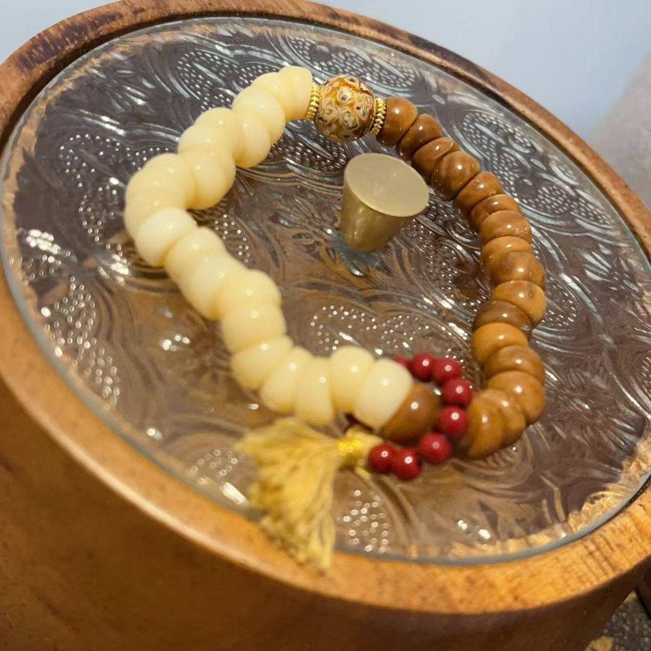 Ox bone bracelet barrel beads Buddhist beads patina bone string