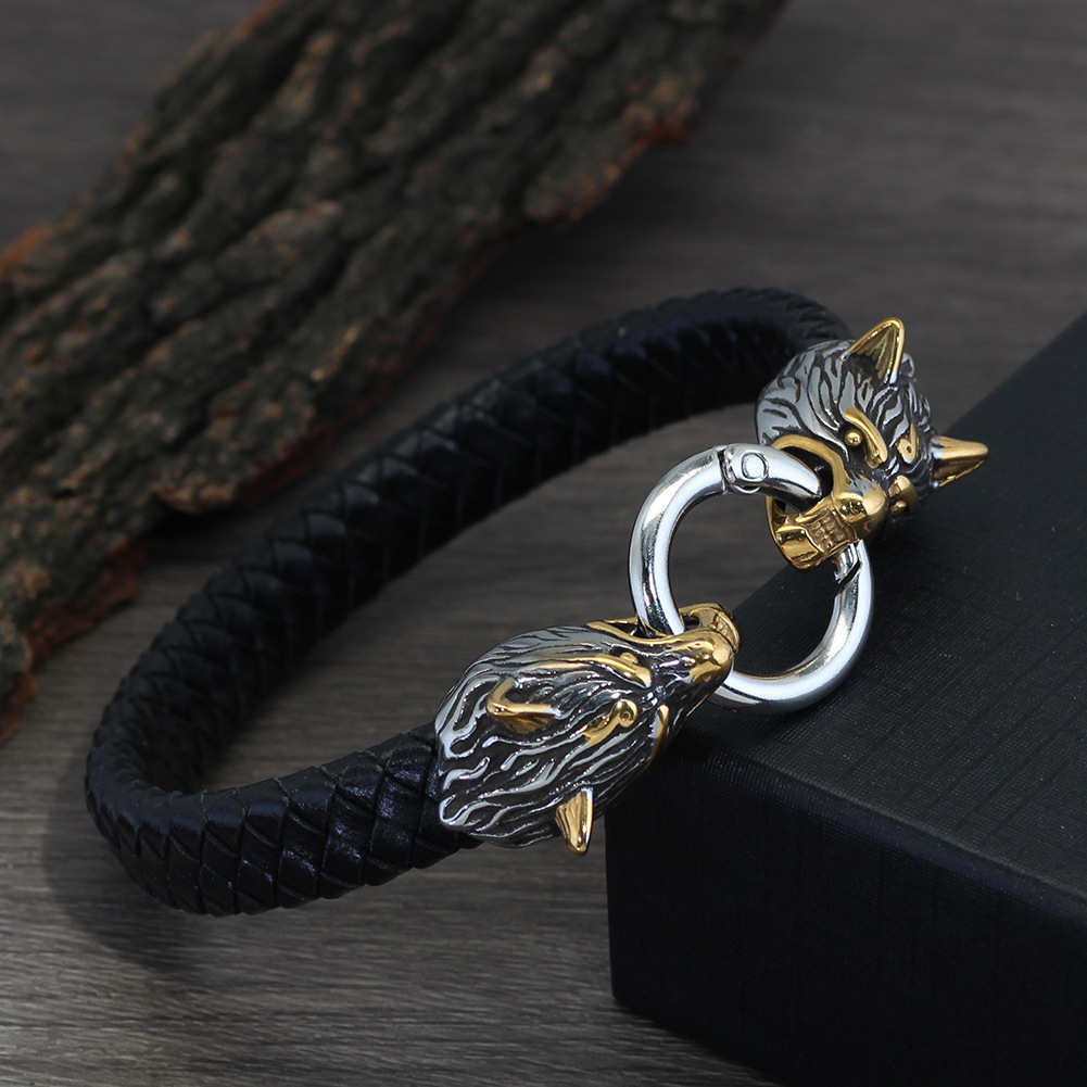 Wolf Head Leather Bracelet Stainless Steel Viking Pendant Jewelry