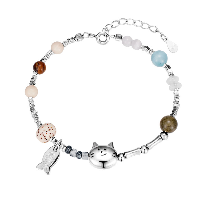 Sterling silver bracelet for women, niche design, fresh, sweet, cute, childlike, personalized beaded fish, broken silver bracelet