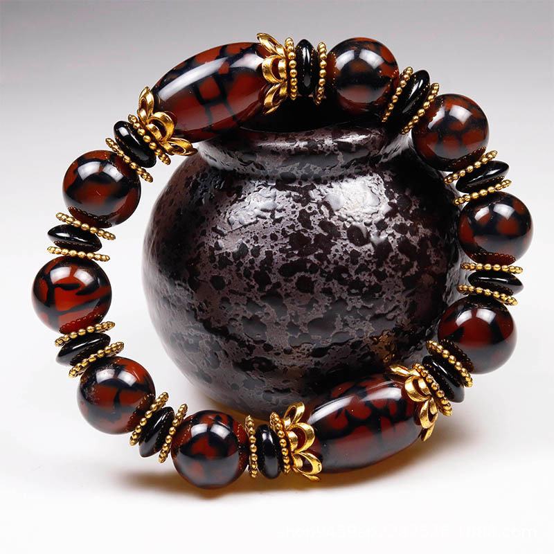 Dzi bead bracelet dragon pattern old agate chalcedony men and women jade beads red bracelet Tibetan genuine Buddhist beads