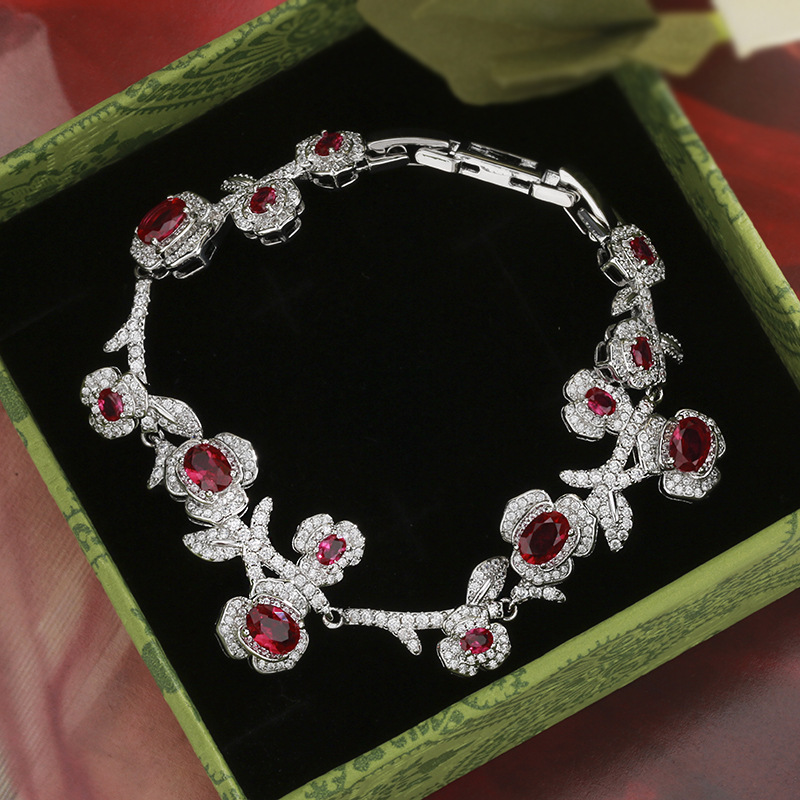 Red corundum zircon inlaid women's bracelet retro personality fashion rose camellia