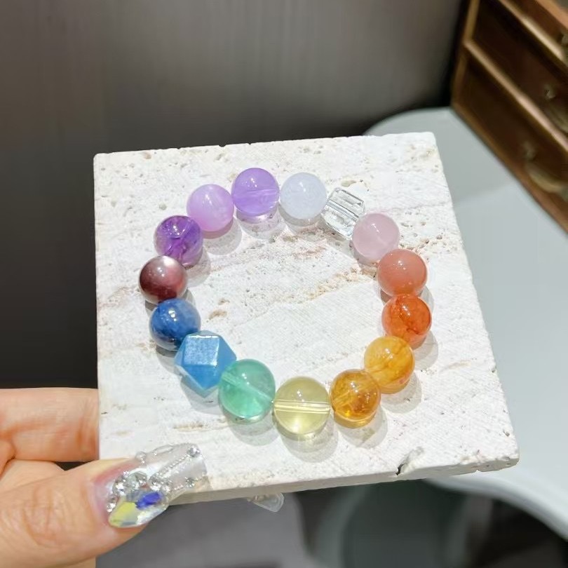 Natural multi-treasure crystal bracelet original design single circle large amethyst aquamarine pink crystal white crystal green ghost