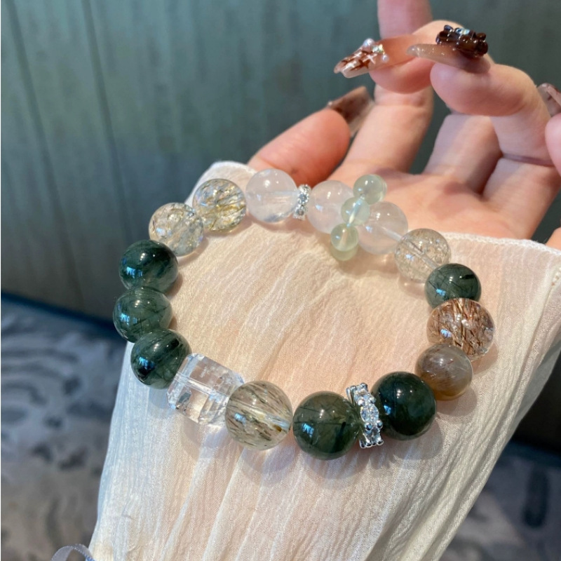 Natural green hair crystal black gold super white ghost white crystal sugar cube bracelet
