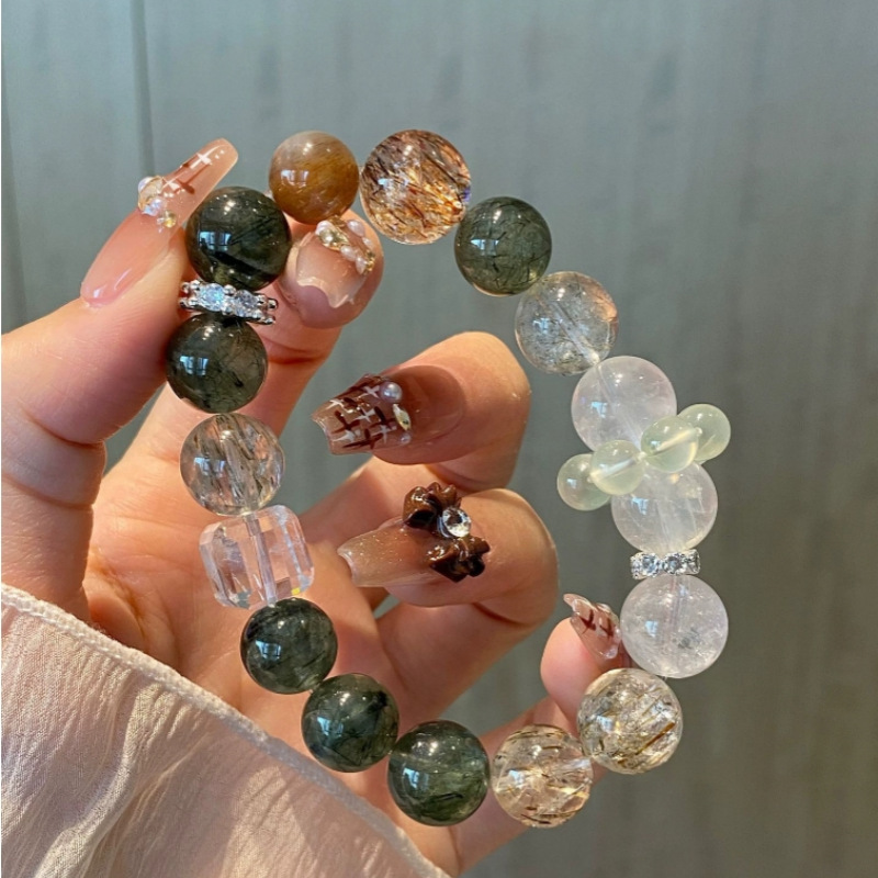 Natural green hair crystal black gold super white ghost white crystal sugar cube bracelet