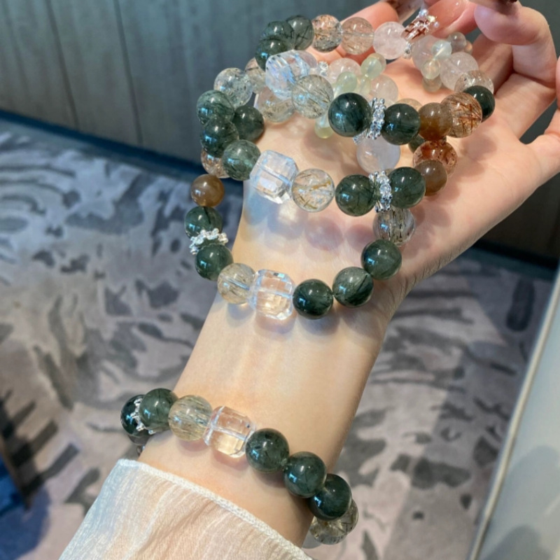 Natural green hair crystal black gold super white ghost white crystal sugar cube bracelet