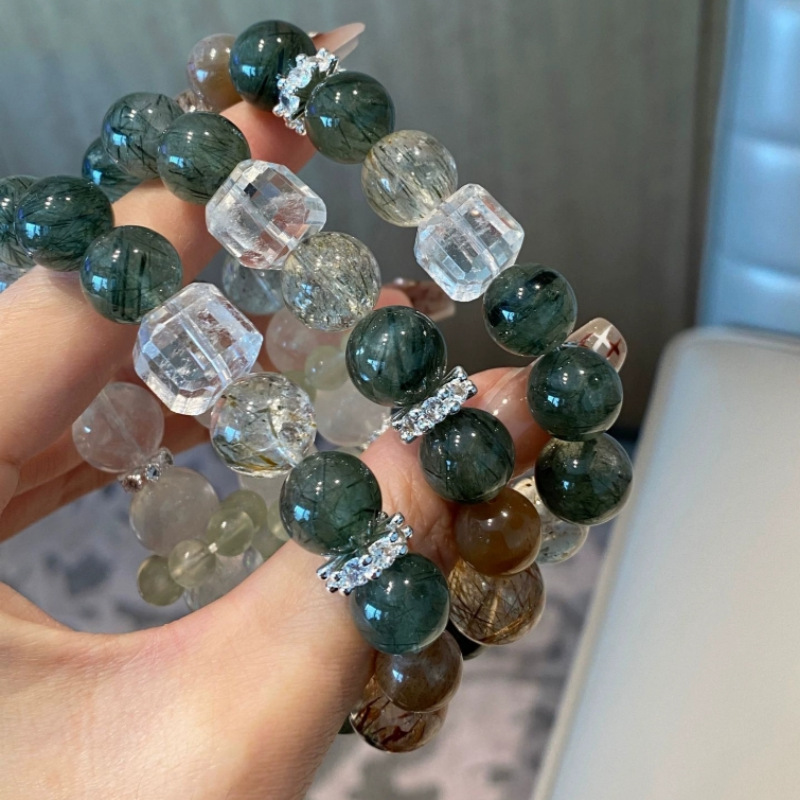 Natural green hair crystal black gold super white ghost white crystal sugar cube bracelet